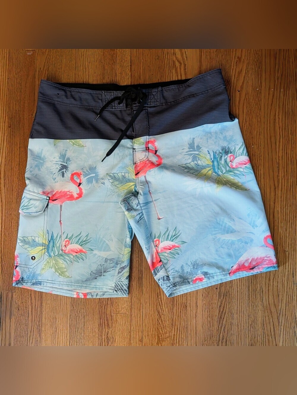 Hang Ten Light Blue Board Shorts with Pink Flamingo Print Size 38